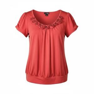 East 5th Red Formal Flower Blouse Top Pleated Short Sleeve Womens Size Small
